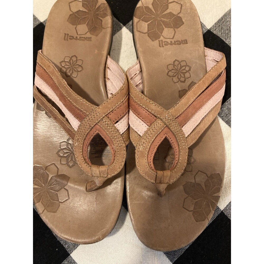 Merrell Lidia Pink Brown Leather Strappy Sandals Flip Flops Thongs Sz 9 Beach - Picture 4 of 7